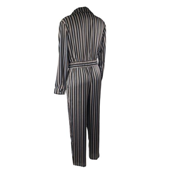 Lulus Black Striped Long Sleeve Drawstring Pockets Button Down Shirt Jumpsuit S - Picture 2 of 4